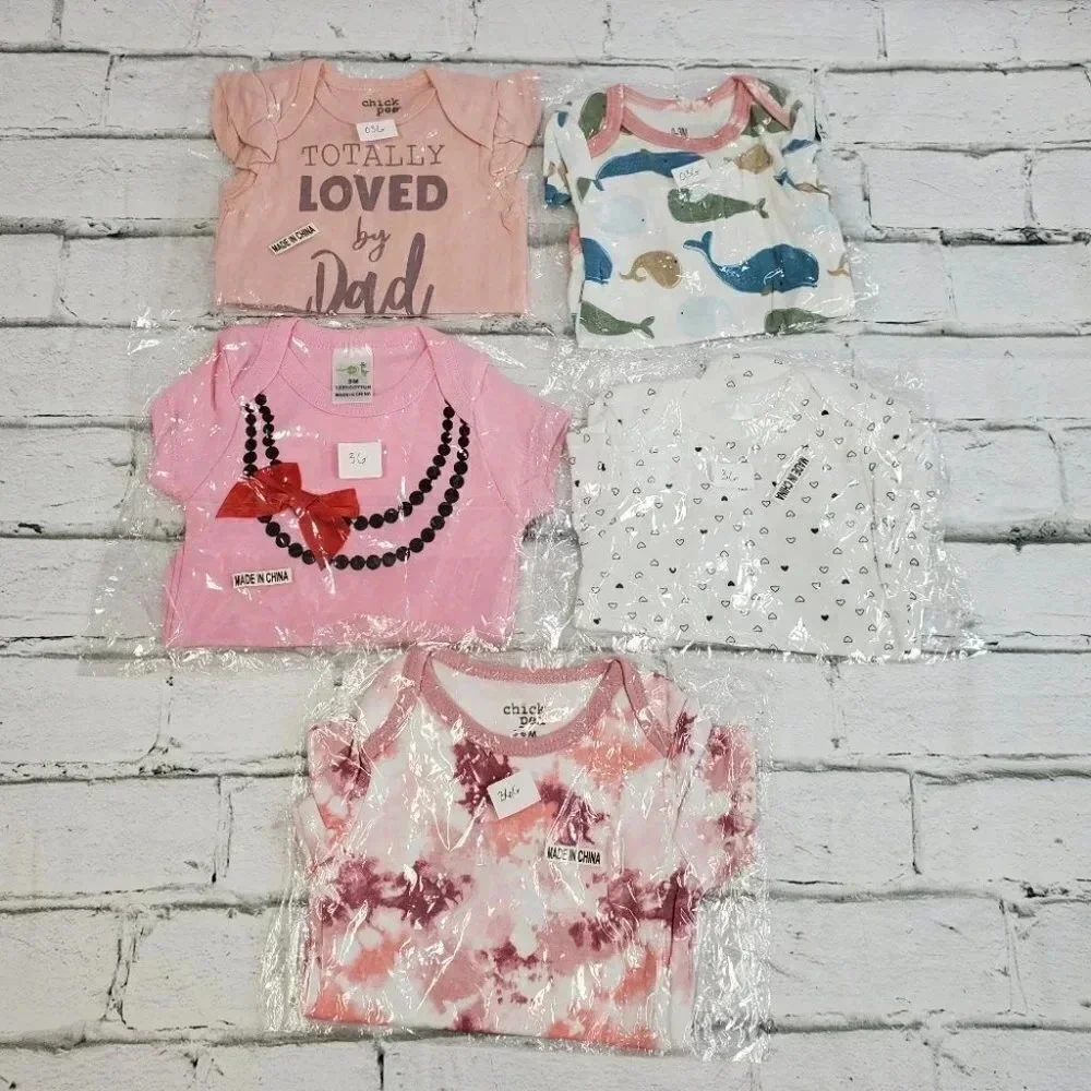 3m Girls Bodysuit set, 5pieces. Baby Girls Basic Bodysuits. Lot 1